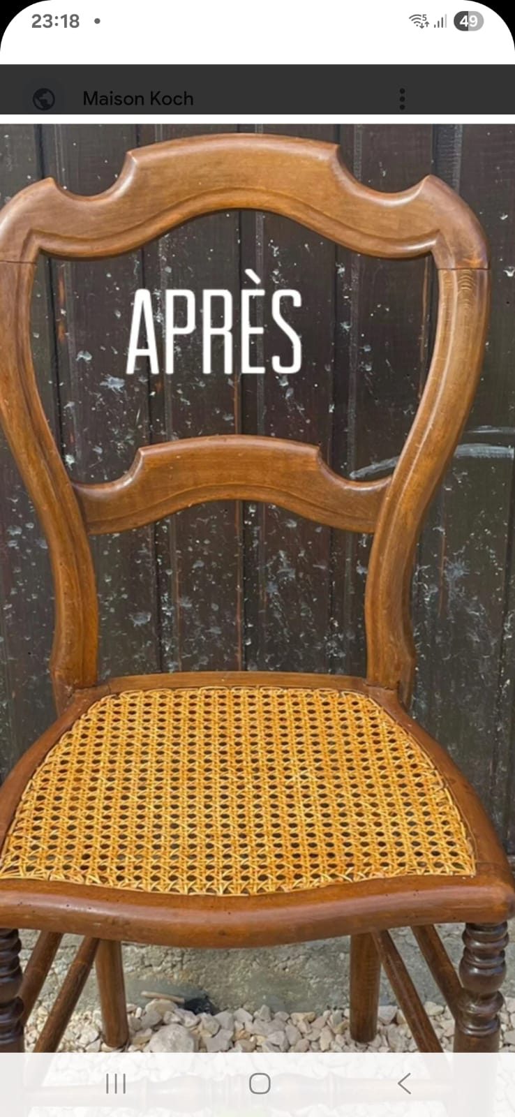 Siège en bois massif réparé et verni